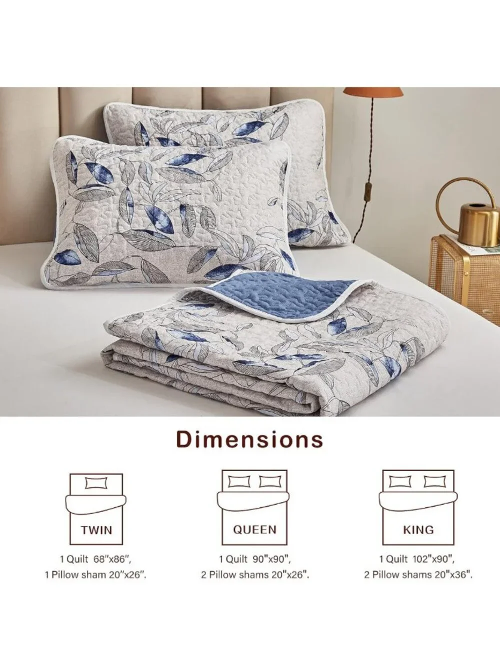Botanical Blue Leaves Microfiber Quilt Set - Reversible Bedspread & Pillow